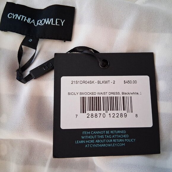 Cynthia Rowley Sicily Silk Wrap Dress Black White Smocked Waist Cap Sleeve Size - Picture 10 of 13